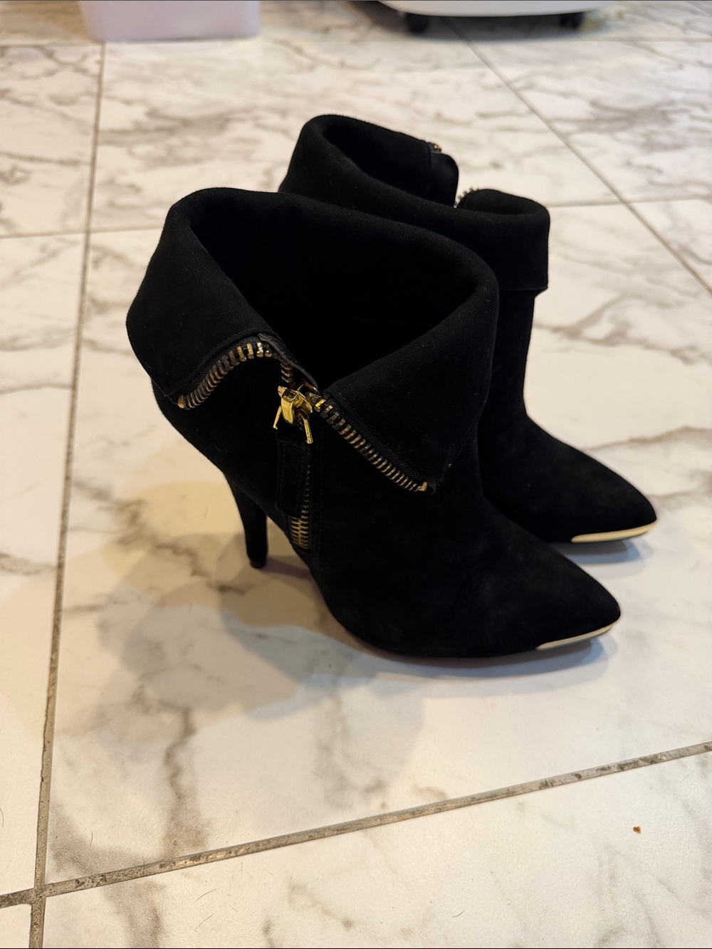 Steve Madden Black Suede Pointed Ankle Booties with Gold Zipper